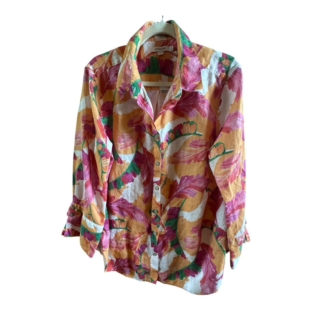 Chico's Pink Orange Vibrant Leaf Foliage Women's Linen Button Up Shirt Size 3/XL